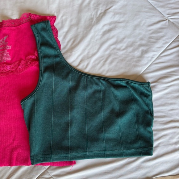 SHEIN Pink, Green, and White Crop Top Tanks One Shoulder Lace Bundle - Picture 3 of 8